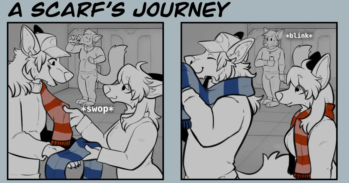 A comic showing an exchange of scarves between Eather and Claire, Tidus noticing asks Claire if Eather knows that he is now in fact, wearing his scarf, not Claire's.