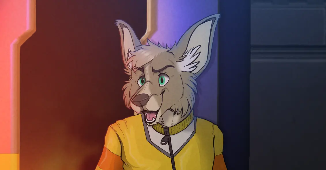 Illustration showing a young Tidus Kase-Koenig emerging from a burning room through an airlock, looking excited, carrying engineering tools.