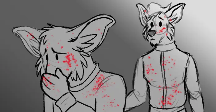 An illustration of two vulpkanin, one covered in blood holding a gun, the other looking on in concern.