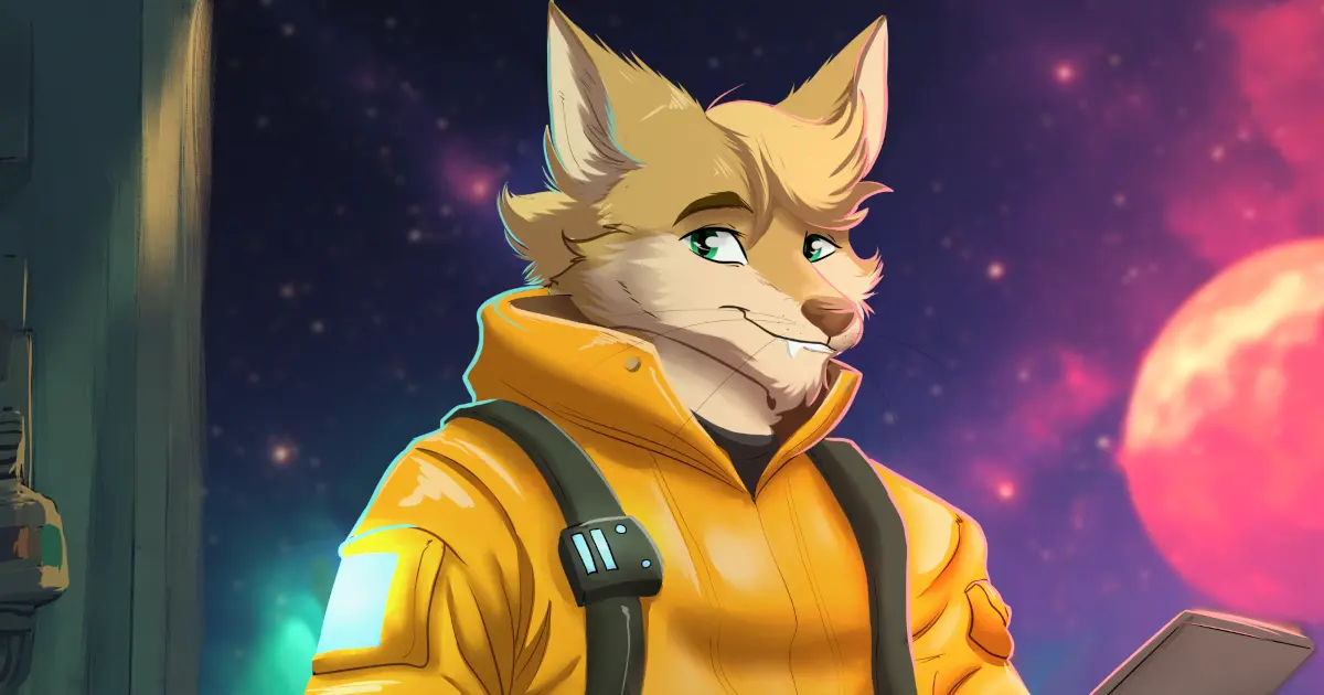 An illustration of Tidus Herboren, sitting looking cheeky in a futuristic engineering jumpsuit, a vibrant view of space in the background window.